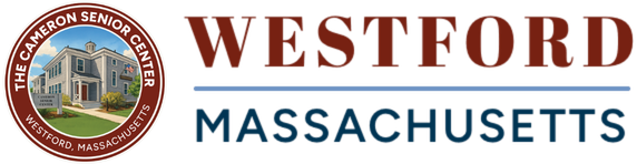 Logo for the Cameron Senior Center with the words Westford Massachusetts to the right of it