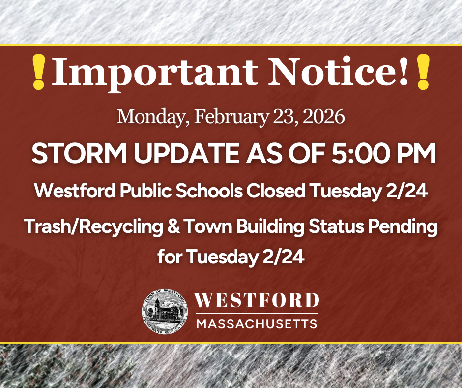 Graphic with a red background and snowy texture reading “Important Notice!” and “Monday, February 23